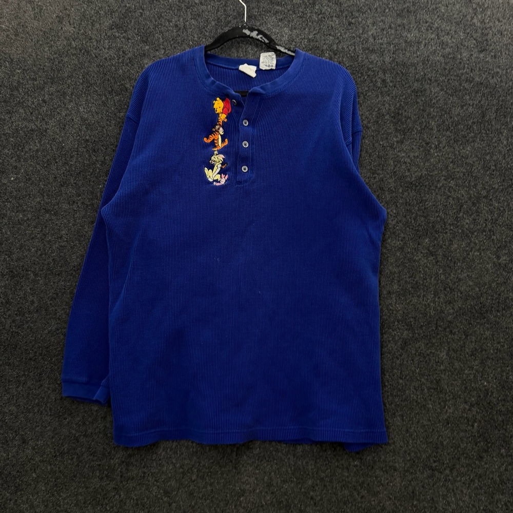Vintage Disney Store Winnie the Pooh Tigger Henley Waffle Knit Shirt XL Blue 90s
